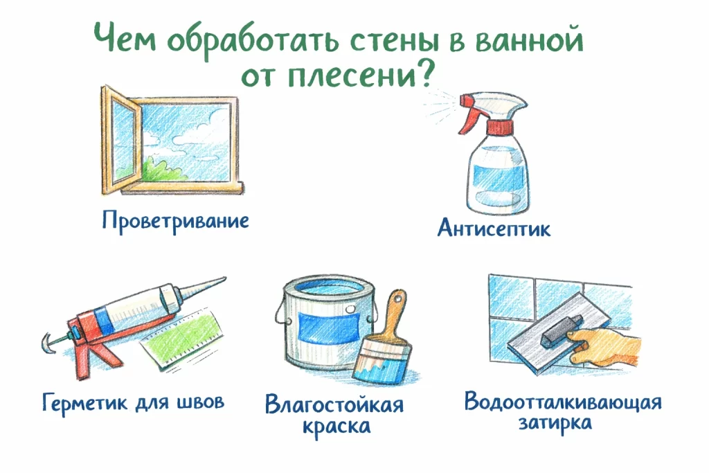 Чем обработать стены в ванной от плесени